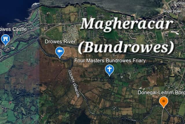 Fr. Walsh and O’Loughlin also said that Ó Cléirigh "identifies this Convent at Drowes (Bundrowes) with the Convent of the Friars of Donegal, and thus shows that the two names were convertible, for he writes: ‘acc Drobhaois i cConveint Brathar Duin na nGall’ (at Drowes, in the Convent of the Friars of Donegal).”