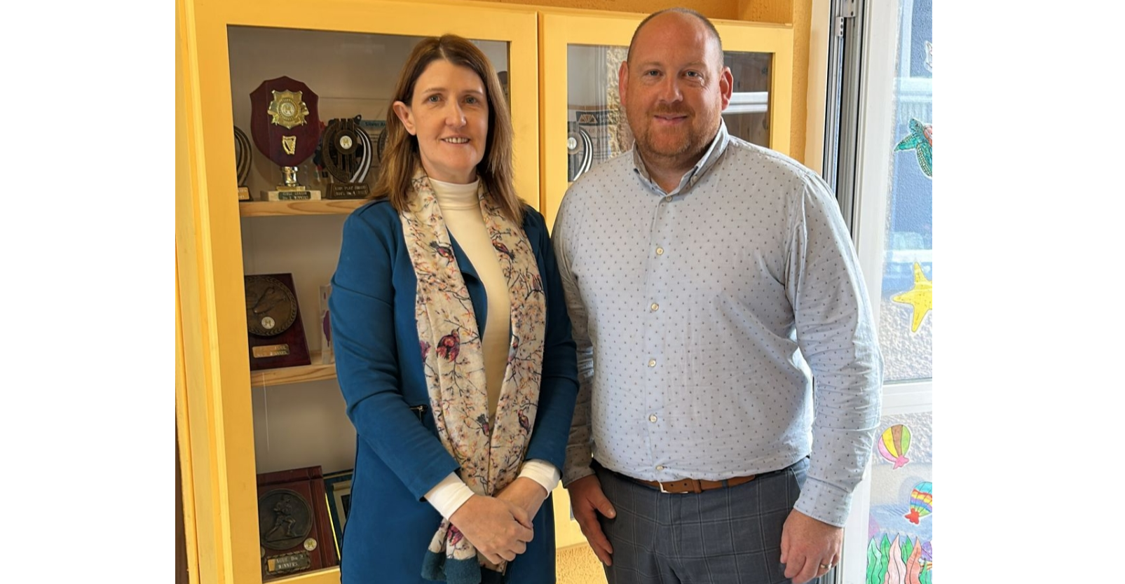 Ms Helen Kenny, Secretary at Scoil Mhuire Naofa, Carrigallen with Principal Alan Ó Ceallaigh.