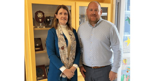 Ms Helen Kenny, Secretary at Scoil Mhuire Naofa, Carrigallen with Principal Alan Ó Ceallaigh.