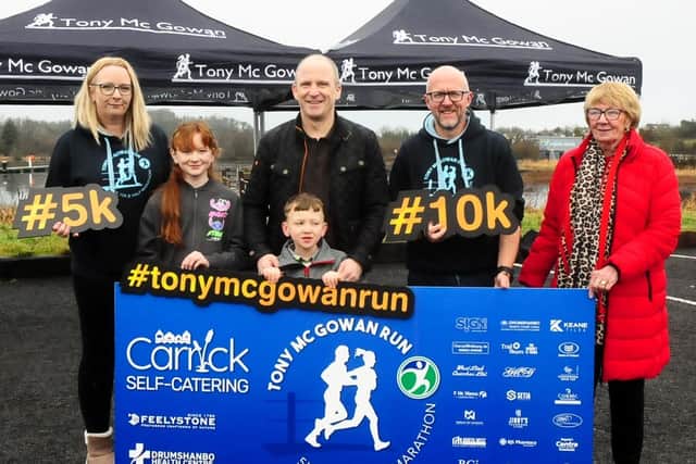 Eamon McGowan (Committee), Ollie Honeyman (Biacon), Ryan & Sheila Moran (Moran McNamara Accountants), Sylvia Moran (RJs Pharmacy Drumshanbo), Angela Dowd (Bank of Ireland), committee members Enda McGloin & Martin McGowan pictured at the launch of the 2025 Tony McGowan Run last Saturday at Acres Lake Drumshanbo Picture: Willie Donnellan