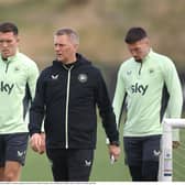 Head coach Heimir Hallgrimsson with players, from left, Callum O’Dowda, Dara O'Shea and Matt Doherty during a Republic of Ireland training session PIC: Sportsfile