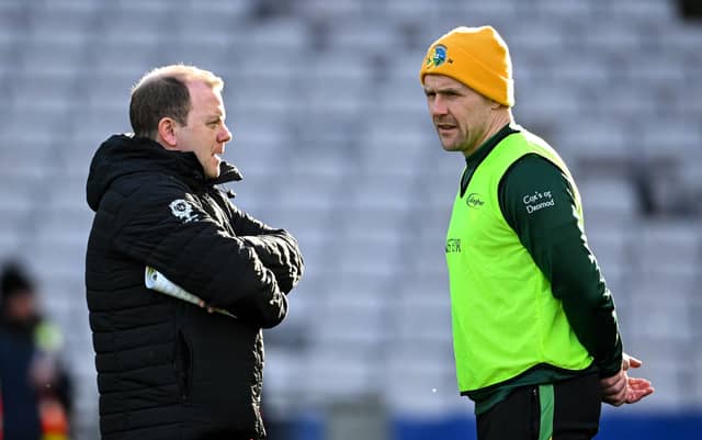 New Leitrim manager Mickey Graham chats with his predecessor Andy Moran in Croke Park earlier this year Picture: Sportsfile
