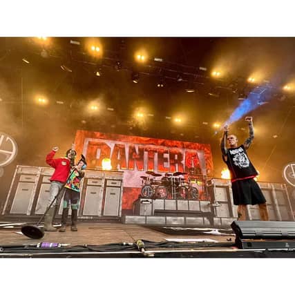 Caleb and Leon on stage with Pantera last weekend. Picture: Ross Halfin