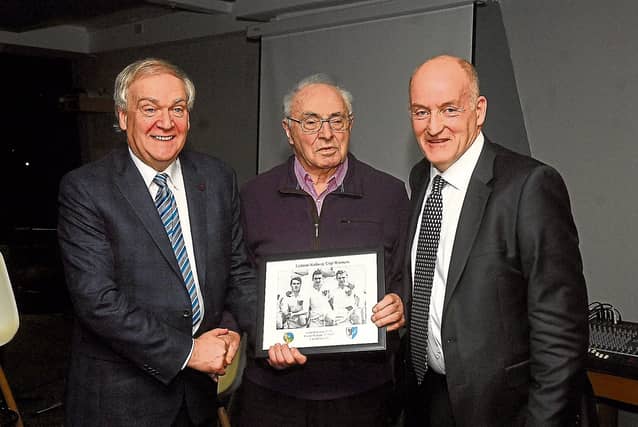 The late Columba Cryan pictured with Michael Feeney and Eamonn Duignan of the Leitrim Supporters Club in 2018 Picture: Willie Donnellan