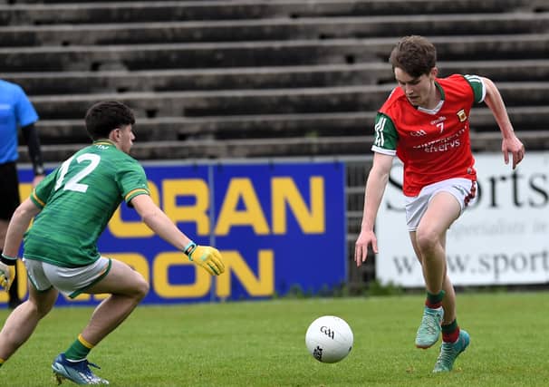 Mayo’s Mark Sheeran in action against Leitrim’s Gavin Gallgher during the Electric Ireland Connacht U-17 championship at Hastings Insurance MacHale Park Picture: David Farrell