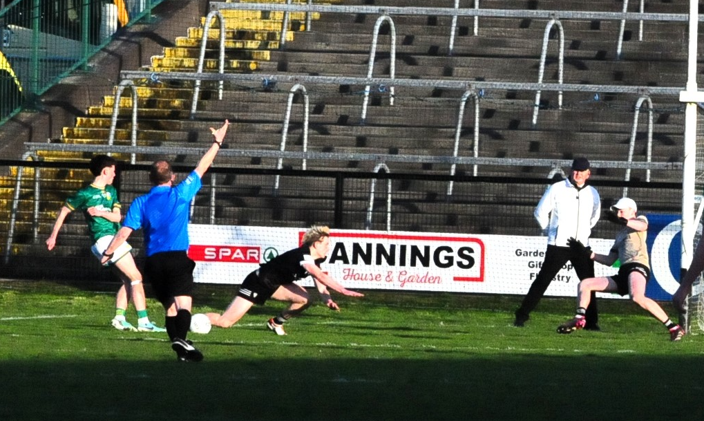 Sligo sub Dante Currid blocks a shot from Leitrim's Jack Kelly in Markievicz Park Picture: Willie Donnellan