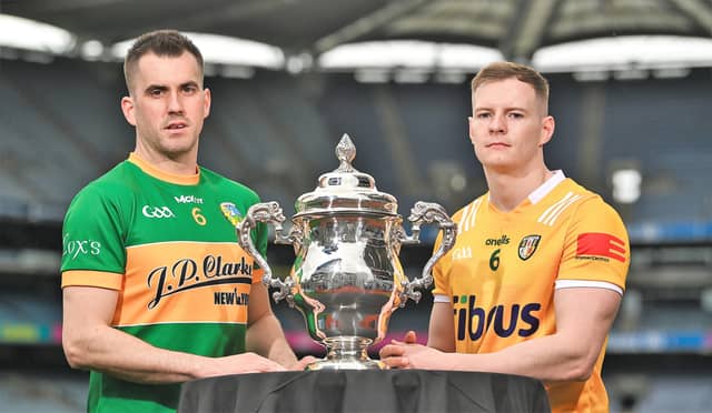 Paddy Maguire with Antrim captain Peter Healy at the launch of the Tailteann Cup Picture: Sportsfile