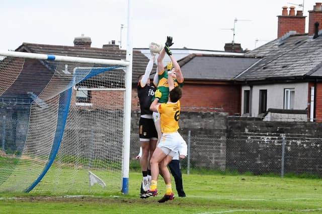 Barry McNulty gets Leitrim off to a perfect start with a third minute goal in Corrigan Park Picture: Willie Donnellan