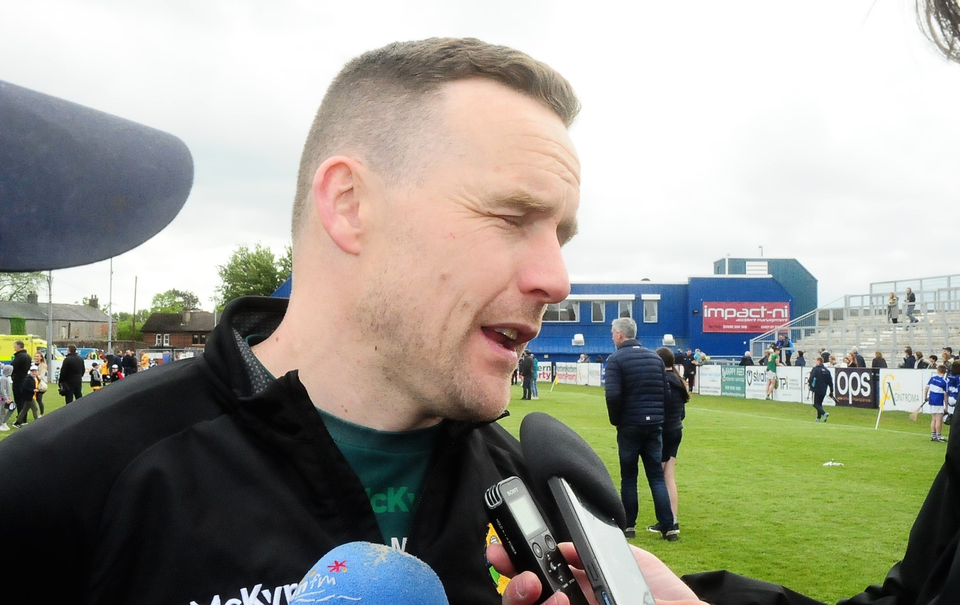 Leitrim manager Andy Moran talks to the media after the game in Belfast Picture: Willie Donnellan