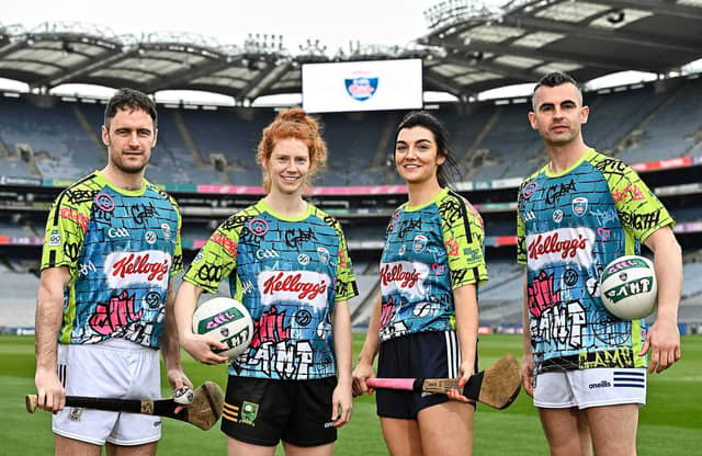 At the launch of the Kellogg’s GAA Cúl Camps 2023 were ambassadors; Galway Hurler David Burke, Kerry star Louise Ni Mhuircheartaigh, Wexford camogie player Ciara Storey and Cavan's Raymond Galligan