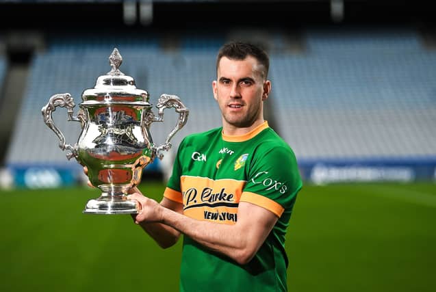 Paddy Maguire pictured with the Tailteann Cup Picture: Sportsfile