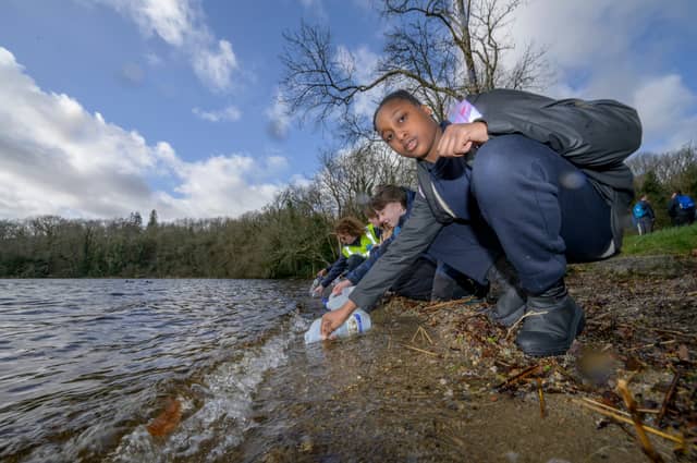Pearl Chiweshe and fellow students from Masterson National School collected water to carry during the Walk for Water event. Pic: Michael Mc Laughlin
