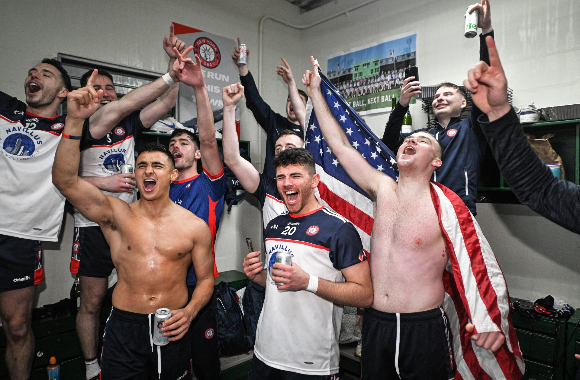New York players celebrate their victory over Leitrim Picture: David Fitzgerald Sportsfile