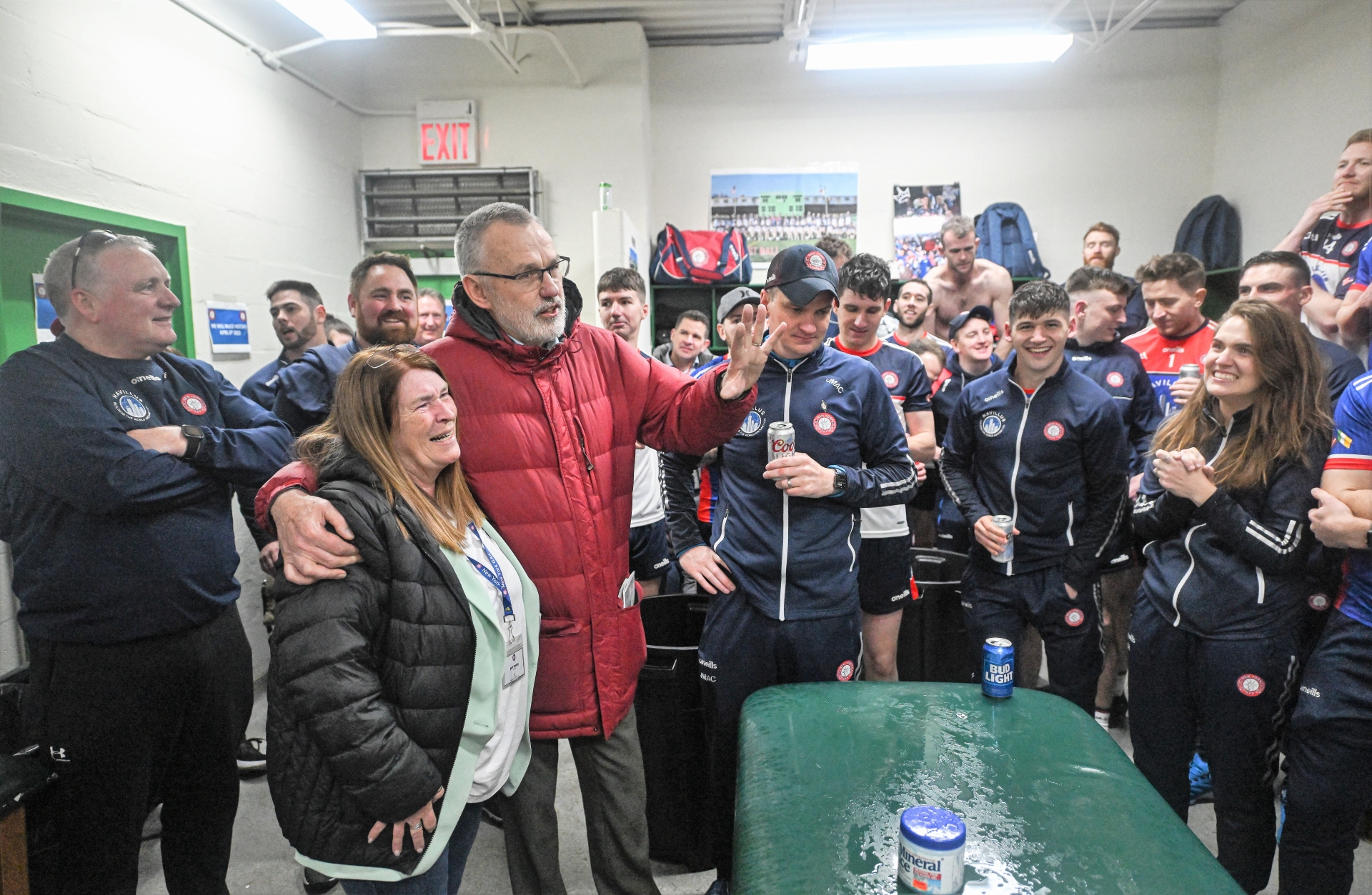 GAA President Larry McCarthy & New York GAA Chairperson Joan Henchy address the victorious New York players after the game Picture: David Fitzgerald Sportsfile