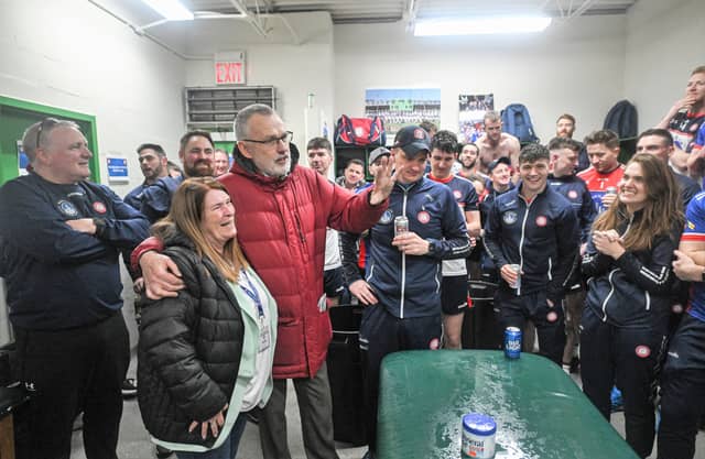 GAA President Larry McCarthy & New York GAA Chairperson Joan Henchy address the victorious New York players after the game Picture: David Fitzgerald Sportsfile