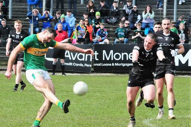 Leitrim launched another free into the Sligo goalmouth, the ball broke free with Tom Prior seeing his shot brilliantly saved by Daniel Lyons only for the ball to break across the face of the goal where Aidan Flynn stretched out his foot to force the ball across the line, the ball hitting the post and running across the goal line to hit the other post before going in.
