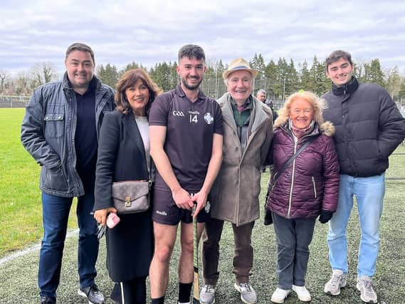 Lancashire player Sean Leonard pictured with his grandparents Packie & Rose McCabe who hail from Aughavas at the Allianz NHL Division 3B game Picture: Leitrim GAA