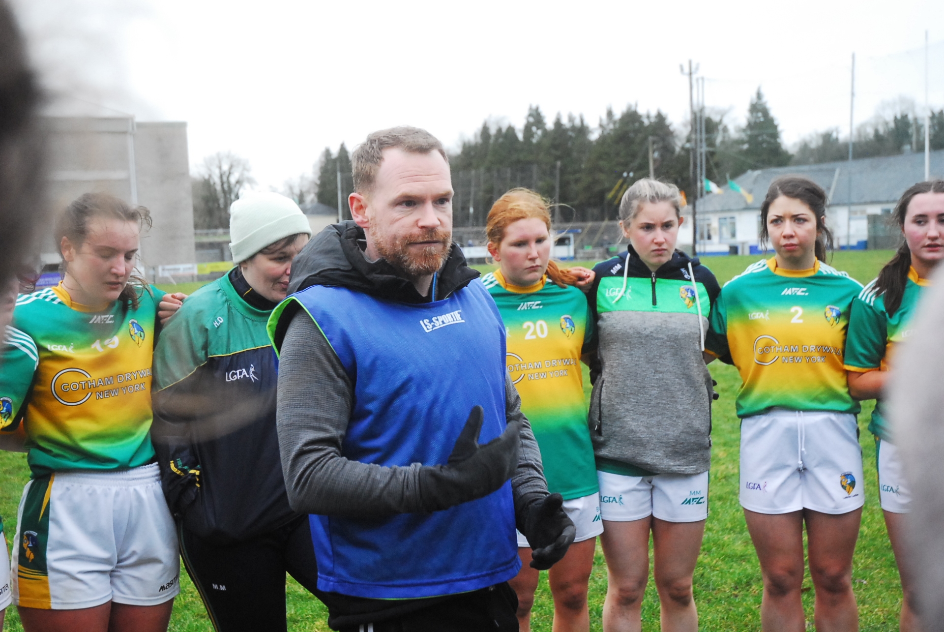 Leitrim manager Jonny Garrity chats with his players after Sunday's Lidl NFL Division 4 victory in Pairc Naomh Mhuire Picture: Willie Donnellan