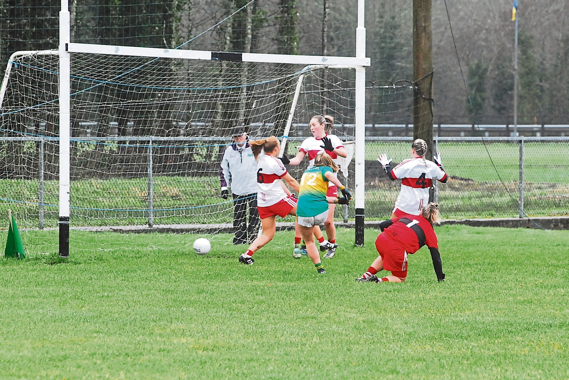 Síomha Quinn fires the ball to the Derry net for a goal for Leitrim last Sunday in Aughawillan Picture: Willie Donnellan