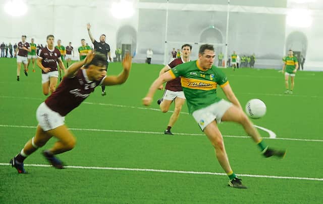Keith Beirne in the act of shooting against Galway in the Connacht FBD League last Friday, January 6, in the Connacht GAA Dome in Bekan.