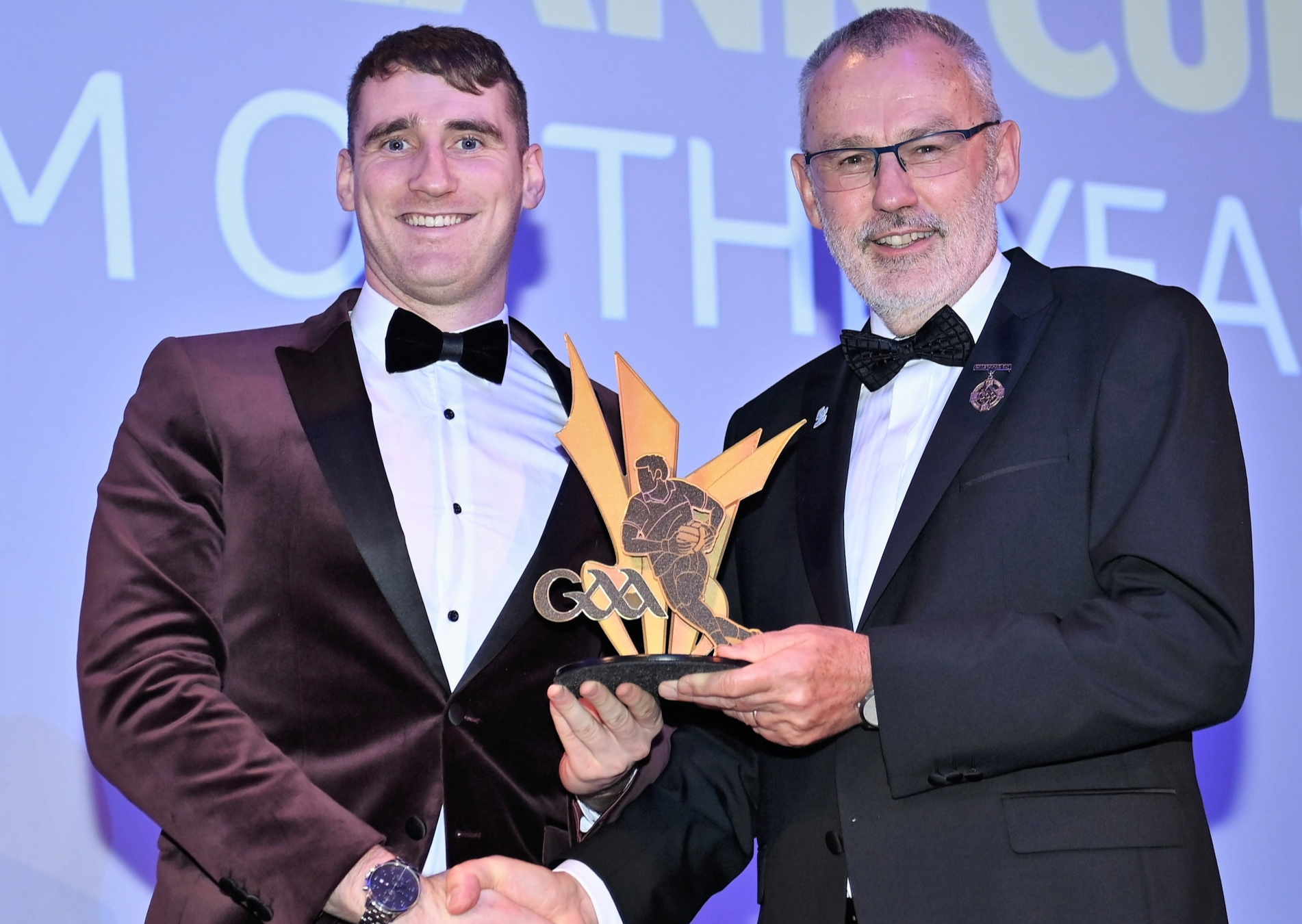 Keith Beirne receives his 2022 Tailteann Cup team of the Year award from GAA President Larry McCarthy last October Picture: Harry Murphy/Sportsfile