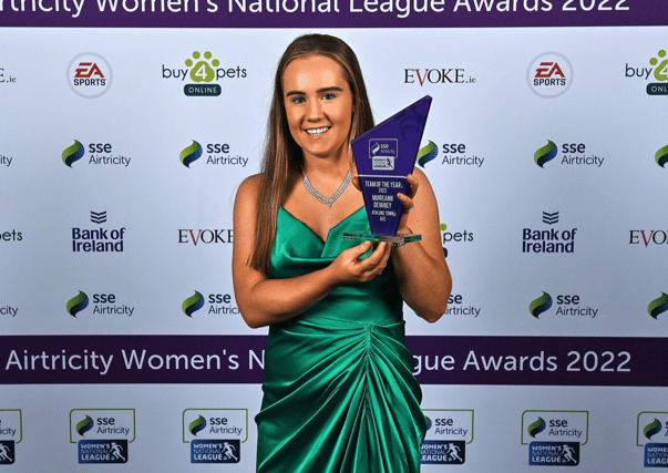 Muireann Devaney of Athlone Town with her SSE Airtricity Team of the Year Award during the 2022 SSE Airtricity Women's National League Awards at the Gibson Hotel Picture: Piaras Ó Mídheach Sportsfile