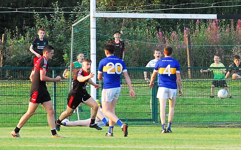 Oisin McLoughlin turns in celebration after scoring Fenagh St Caillins second goal against Aughawillan Picture: Willie Donnellan