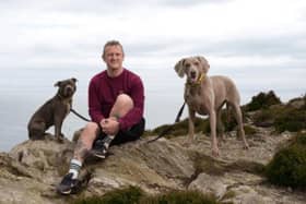 PJ Gallagher with his dogs Wendy and Stella at the launch of ‘Not Just a Dog’, a new campaign by Dogs Trust Ireland . Photo: ©Fran Veale