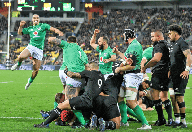 Ireland players celebrate their side's first try scored by Josh van der Flier during the Steinlager Series match between the New Zealand and Ireland in Wellington Picture: Brendan Moran Sportsfile