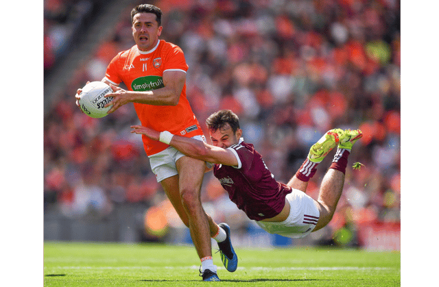 Armagh's Stefan Campbell is tackled by Galway's Cillian McDaid last Sunday in Croke Park Picture: Ray McManus Sportsfile