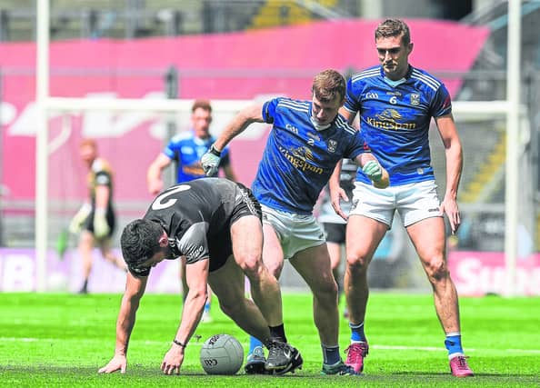 Dowra's Jason McLoughlin tackles Sligo's Nathan Mullen during last Sunday's Tailteann Cup Semi-Final match between Sligo and Cavan at Croke Park in Dublin Picture: George Tewkesbury/Sportsfile