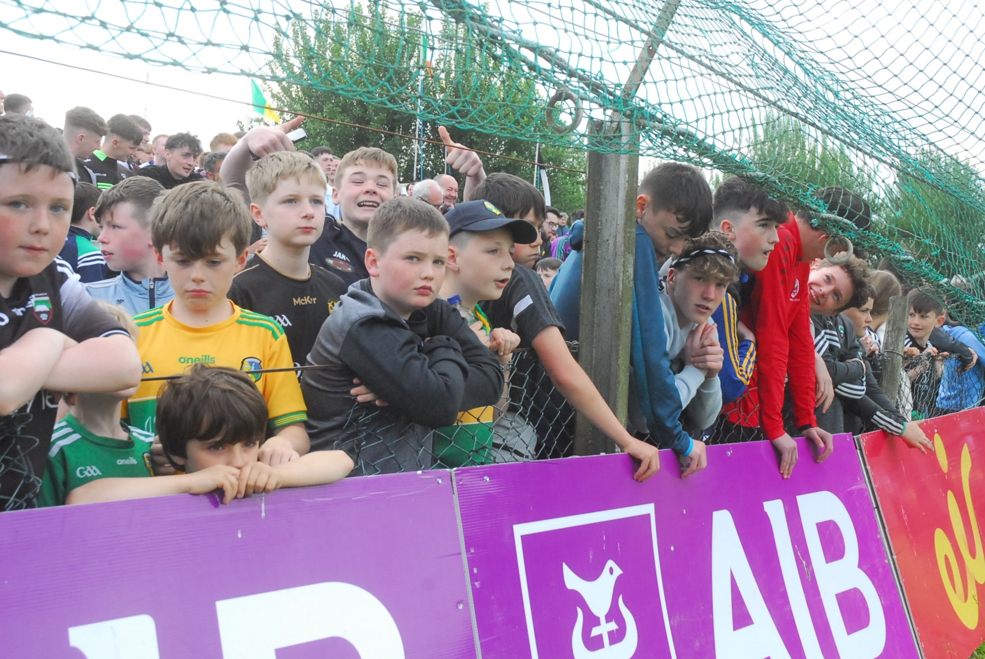 Young Leitrim and Sligo fans gather behind the goals for the Tailteann Cup penalty shootout against Sligo Picture: Willie Donnellan