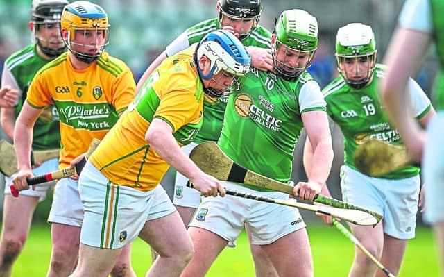 Leitrim's Oisin Girvan battles with Fermanagh's Kealan Dolan during Sunday's Electric Ireland Celtic Challenge match at Avant Money Páirc Seán Mac Diarmada, Picture: Oliver McVeigh/Sportsfile