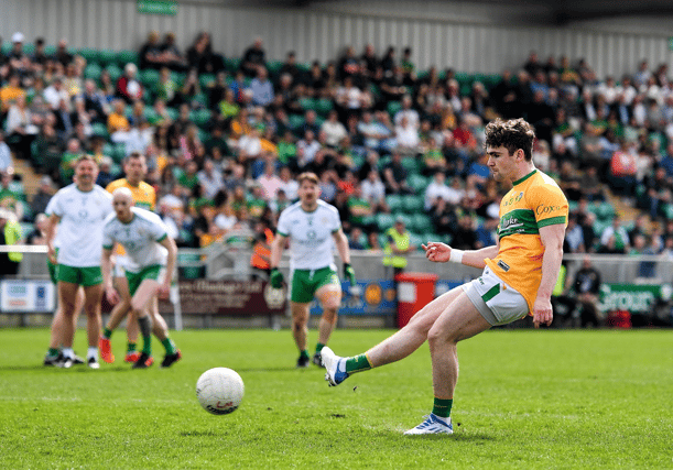 Ryan O'Rourke scores Leitrim's first goal from the penalty spot in Ruislip Picture: Sam Barnes Sportsfile