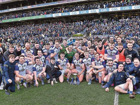 Cavan players celebrate after winning the Allianz NFL Division 4 title last Saturday in Croke Park, defeating Tipperary 2-10 to 0-15 in the decider Picture: Sportsfile