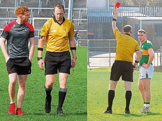 Sligo's Sean Carrabine and Leitrim's Keith Beirne pictured with match official Seamus Mulhare after both were dismissed in Markievicz Park Pictures: Willie Donnellan