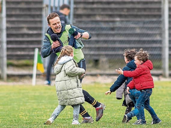 Manager Andy Moran enjoys a light-hearted moment with some Leitrim fans after last Sunday's Allianz NFL Division 4 victory over Wexford in Avant Money Pairc Sean Mac Diarmada Picture: Stefan Hoare