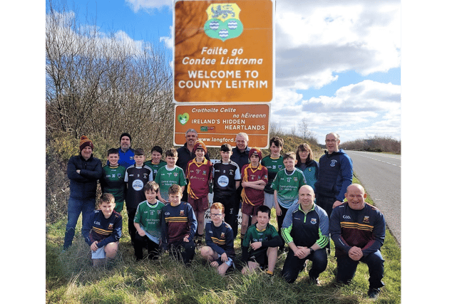 Members of the Mohill and Annaduff clubs pictured with their counterparts from Longford clubs at the launch of the Barna Waste/Topline Providers Longford Leitrim U13 Leagues on the county border