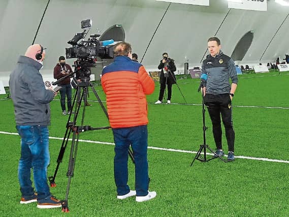 Leitrim manager Andy Moran is interviewed by RTE's Marty Morrissey after the FBD League clash with Sligo in January Picture: Willie Donnellan