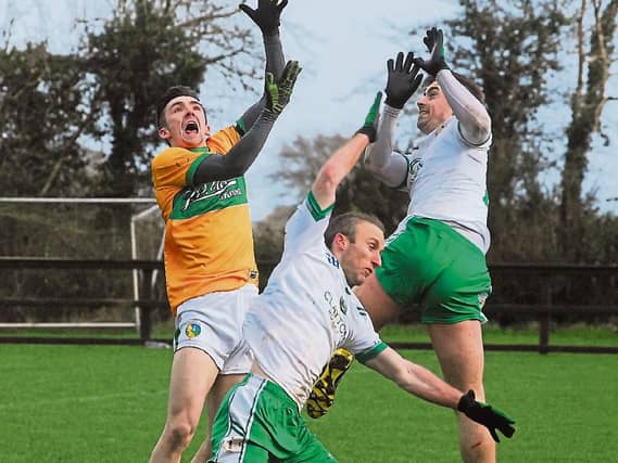 Tom Prior contests a ball into the London danger area with two defenders in last Sunday's Allianz NFL Division 4 clash in the Connacht GAA Centre of Excellence Picture: Willie Donnellan