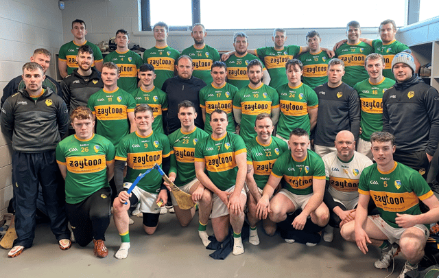 The Leitrim panel pictured in the Sports Ireland dressing rooms after their Allianz NHL Division 3B victory over Lancashire last Sunday