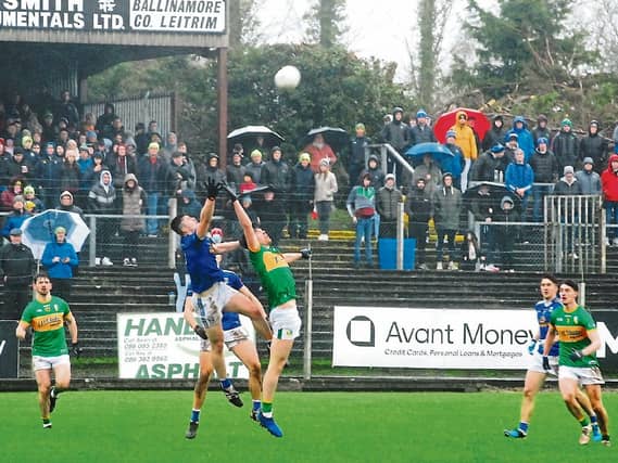 Fighting for the ball! Leitrim's Pearce Dolan battles with Cavan's James Smith during last Sunday's Allianz NFL Division 4 clash in Avant Money Pairc Sean Mac Diarmada Picture: Willie Donnellan