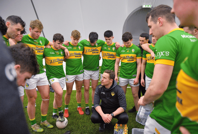Leitrim manager Andy Moran speaks to his players before Monday’s FBD Connacht clash against Sligo at the NUI Galway Connacht GAA Air Dome Picture: Ramsey Cardy/Sportsfile