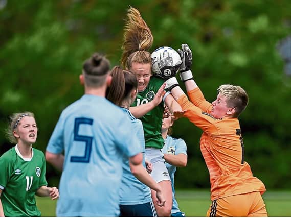 Muireann Devaney gets her head to the ball in the Republic of Ireland U19s clash with Northern Ireland last June - captaining the team was Muireann's highlight of the year Picture: Sportsfile