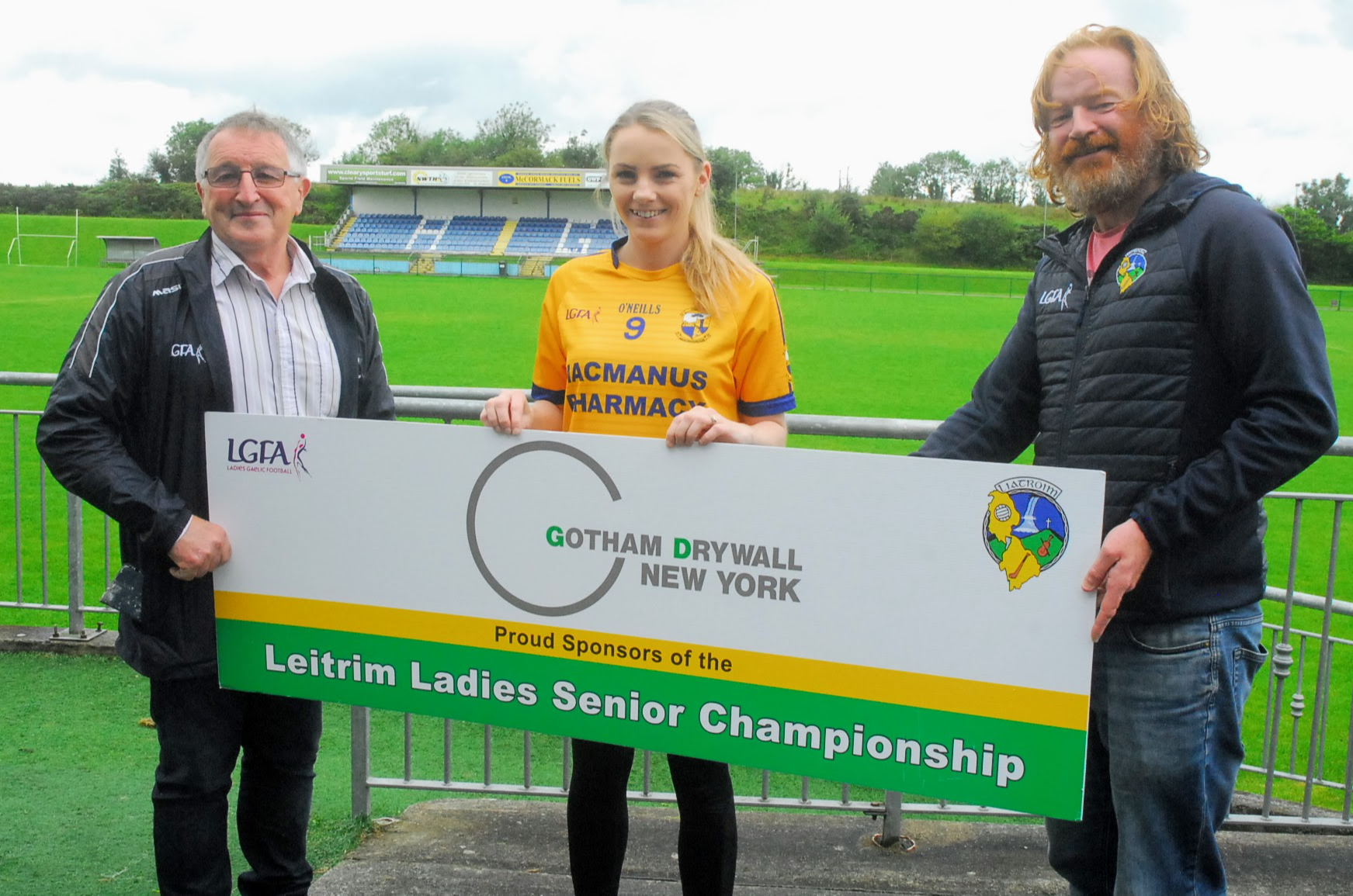 Leitrim LGFA chairperson Aidan Heron and Secretary PJ Ryan pictured with Melissa Hewitt at the launch of the 2021 Gotham Dry Wall Club championship Picture: Willie Donnellan