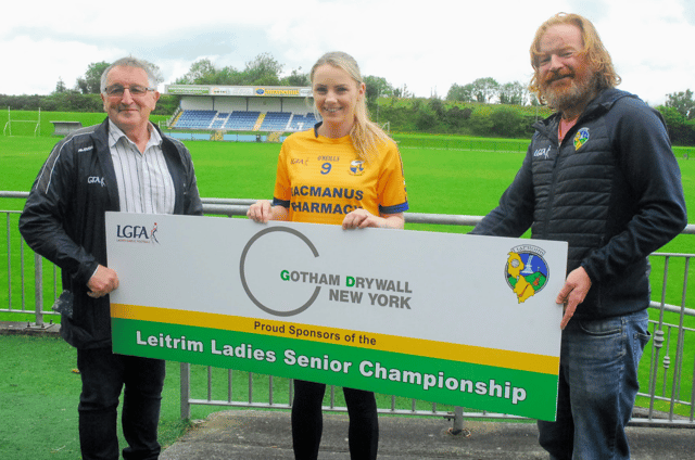 Leitrim LGFA chairperson Aidan Heron and Secretary PJ Ryan pictured with Melissa Hewitt at the launch of the 2021 Gotham Dry Wall Club championship Picture: Willie Donnellan