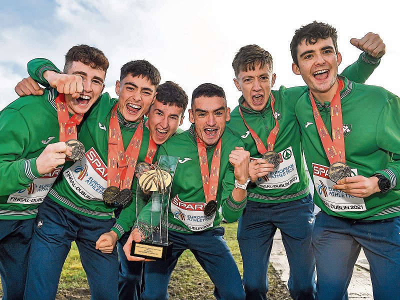 The victorious Ireland team celebrate after winning the Men's U23 team race at last Sunday's Spar European Athletics Cross-country Championships in Fingal-Dublin Picture: Sportsfile
