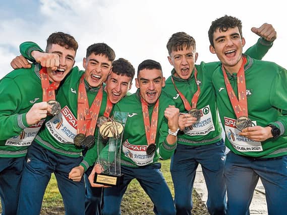 The victorious Ireland team celebrate after winning the Men's U23 team race at last Sunday's Spar European Athletics Cross-country Championships in Fingal-Dublin Picture: Sportsfile