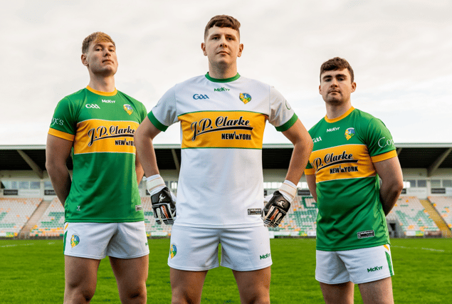 Leitrim players Aaron Hoare, Brendan Flynn and Ryan O'Rourke wear the new Leitrim GAA team gear produced by McKeever Sports