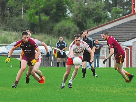 Action from the group stages encounter between Annaduff and St Patrick's Dromahair earlier this season - the teams meet in the first Smith Monumentals IFC Semi-Final Picture: Willie Donnellan